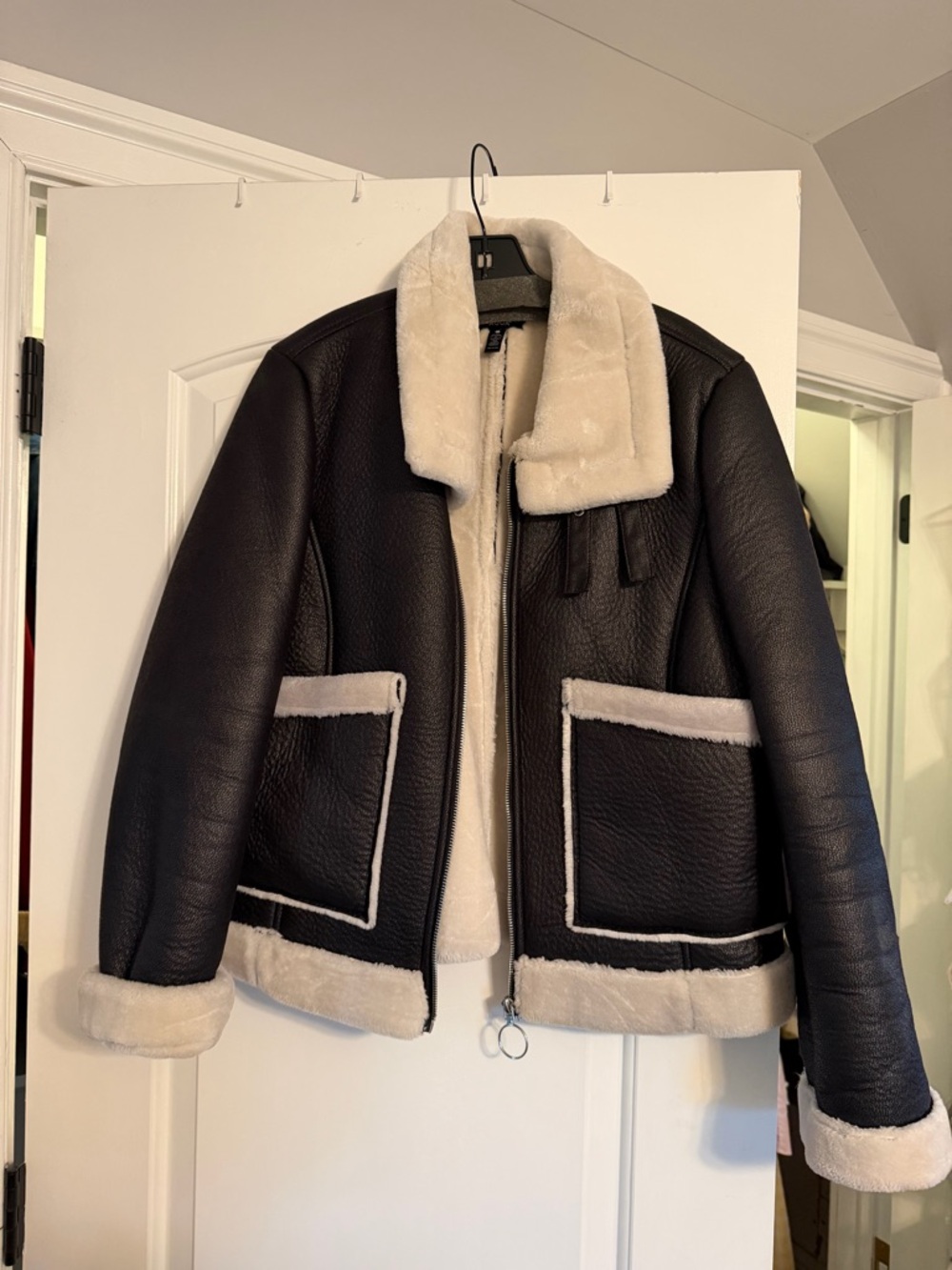 Aqua Black Jacket with Cream Faux Shearling Trim